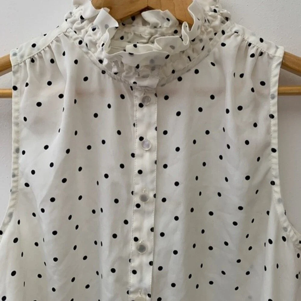J. Crew Womens Ivory Black Dot Silky Ruffle Neck Sleeveless 1/2 Button Top Size